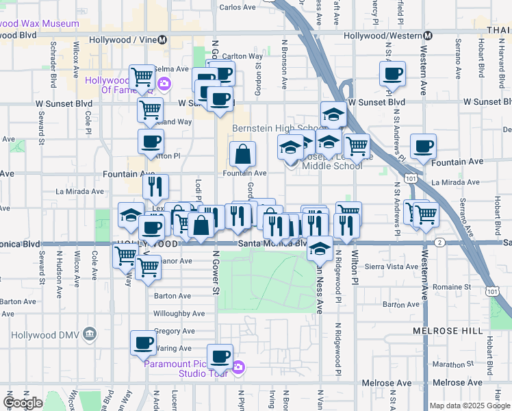 map of restaurants, bars, coffee shops, grocery stores, and more near 1200 Gordon Street in Los Angeles