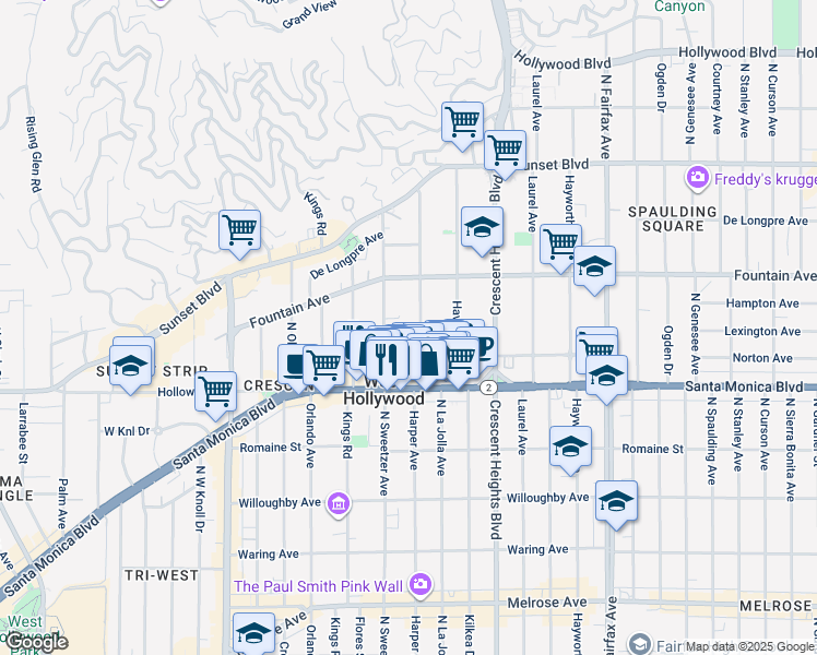 map of restaurants, bars, coffee shops, grocery stores, and more near 1235 North Harper Avenue in West Hollywood