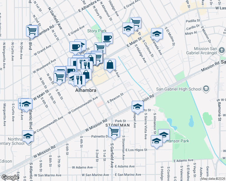 map of restaurants, bars, coffee shops, grocery stores, and more near 116 East Commonwealth Avenue in Alhambra