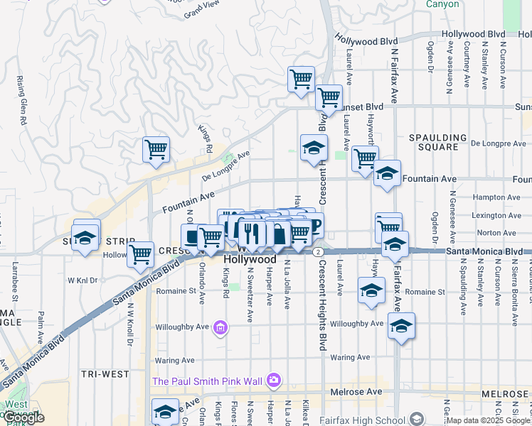 map of restaurants, bars, coffee shops, grocery stores, and more near 1235 North Harper Avenue in West Hollywood
