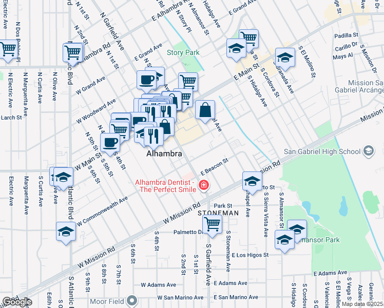 map of restaurants, bars, coffee shops, grocery stores, and more near East Commonwealth Avenue in Alhambra