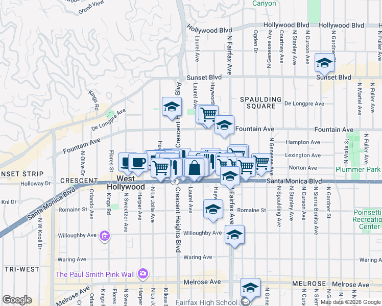 map of restaurants, bars, coffee shops, grocery stores, and more near 8011 Norton Avenue in West Hollywood
