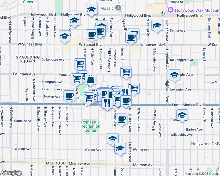 map of restaurants, bars, coffee shops, grocery stores, and more near North Poinsettia Place in West Hollywood