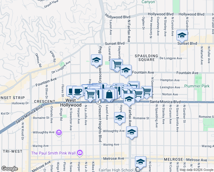map of restaurants, bars, coffee shops, grocery stores, and more near 1233 Laurel Avenue in West Hollywood
