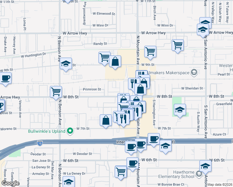 map of restaurants, bars, coffee shops, grocery stores, and more near 1307 West 8th Street in Upland