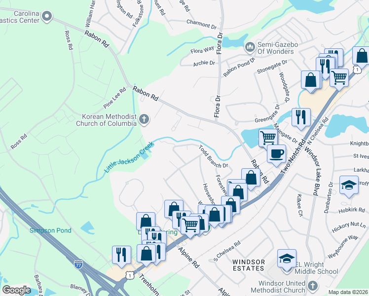 map of restaurants, bars, coffee shops, grocery stores, and more near 117 Quantas Drive in Columbia
