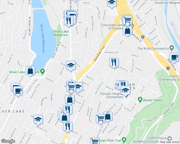 map of restaurants, bars, coffee shops, grocery stores, and more near 2132 Cove Avenue in Los Angeles