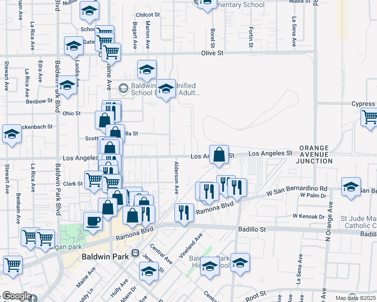 map of restaurants, bars, coffee shops, grocery stores, and more near 14868 Los Angeles Street in Irwindale