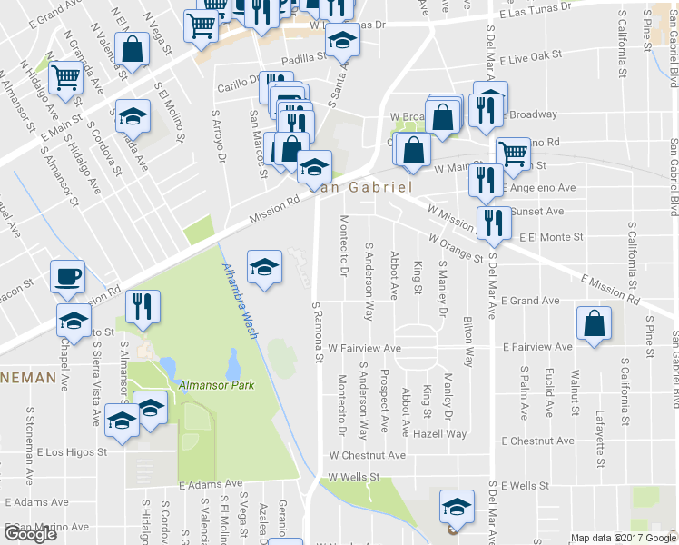 map of restaurants, bars, coffee shops, grocery stores, and more near 807 Montecito Drive in San Gabriel
