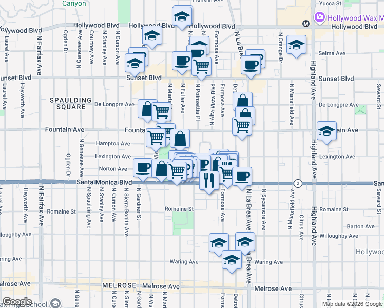 map of restaurants, bars, coffee shops, grocery stores, and more near 1231 Poinsettia Drive in West Hollywood