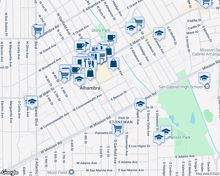 map of restaurants, bars, coffee shops, grocery stores, and more near 89 East Commonwealth Avenue in Alhambra