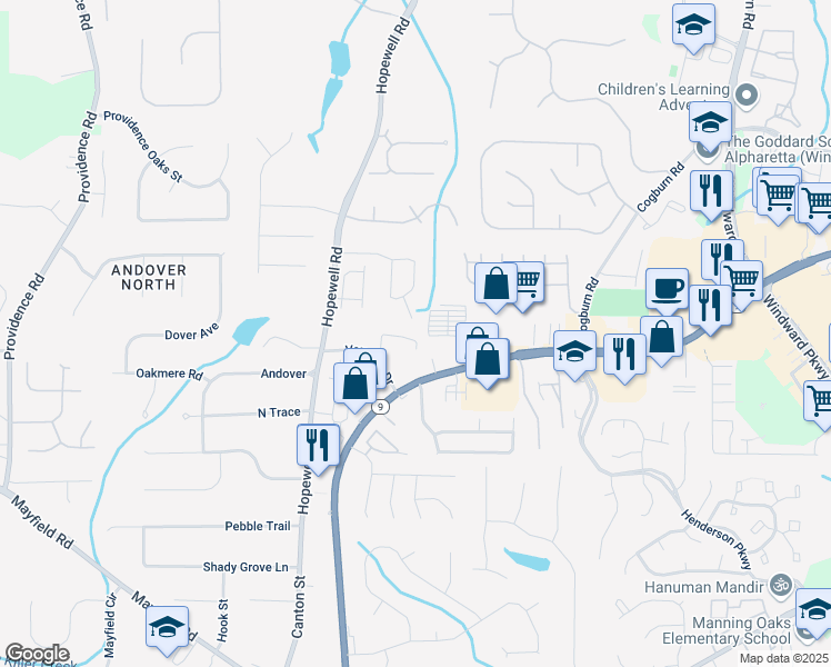 map of restaurants, bars, coffee shops, grocery stores, and more near 605 Southfield PI in Alpharetta