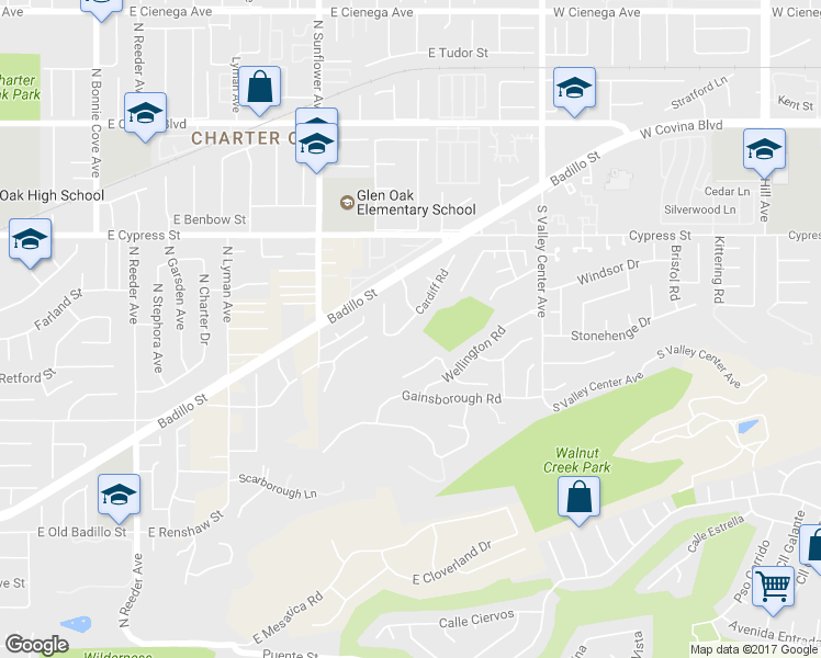 map of restaurants, bars, coffee shops, grocery stores, and more near 1826 Cardiff Road in San Dimas
