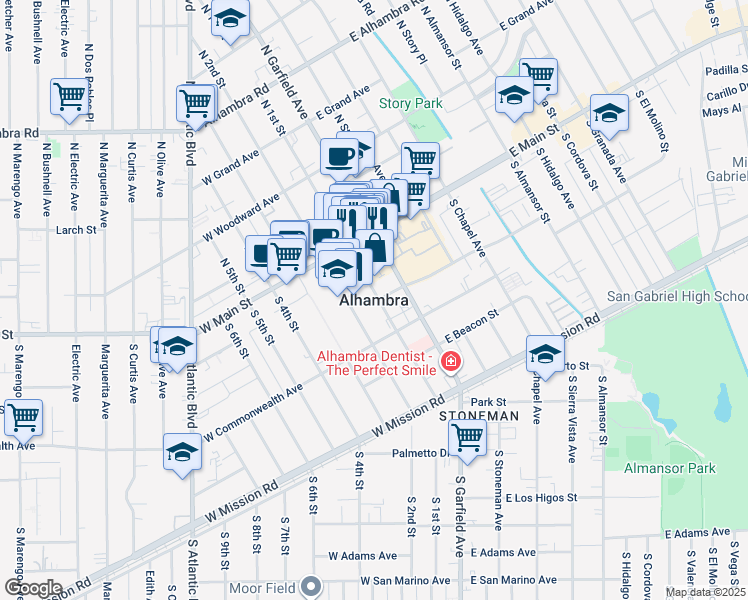 map of restaurants, bars, coffee shops, grocery stores, and more near 168 South Monterey Street in Alhambra