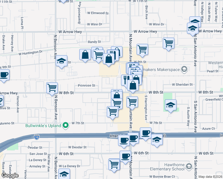 map of restaurants, bars, coffee shops, grocery stores, and more near 1301 West 8th Street in Upland