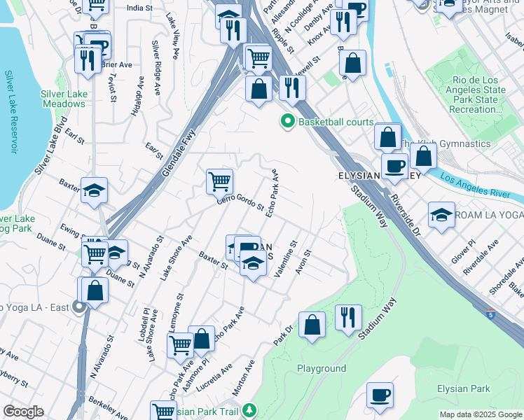 map of restaurants, bars, coffee shops, grocery stores, and more near 1610 Cerro Gordo Street in Los Angeles