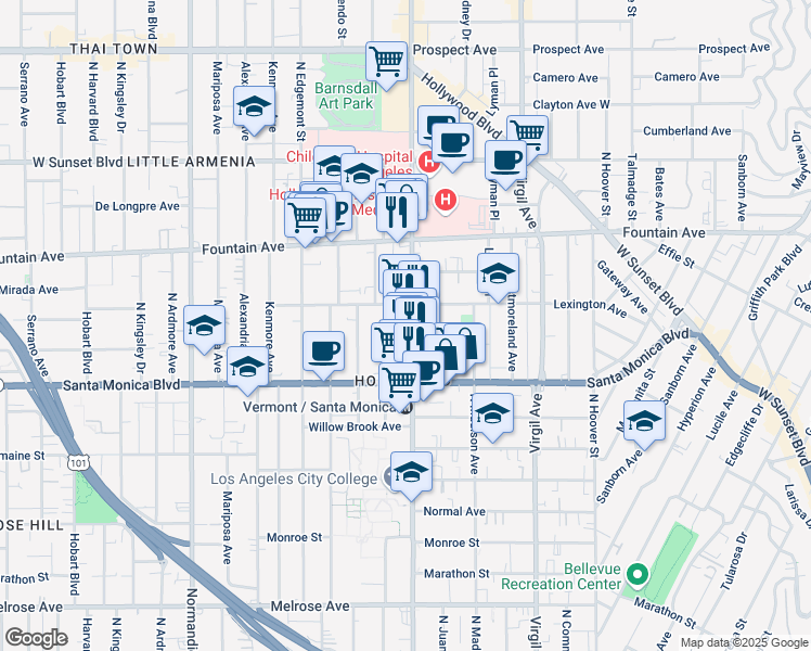 map of restaurants, bars, coffee shops, grocery stores, and more near 4653 Lexington Avenue in Los Angeles