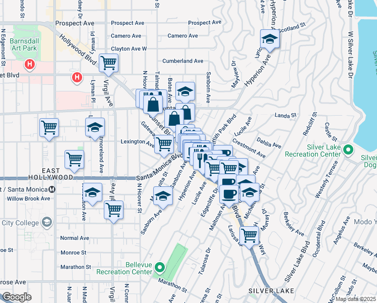 map of restaurants, bars, coffee shops, grocery stores, and more near Manzanita Street in Los Angeles
