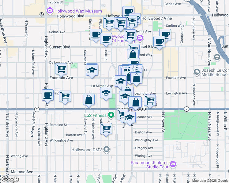 map of restaurants, bars, coffee shops, grocery stores, and more near 1205 North Cahuenga Boulevard in Los Angeles