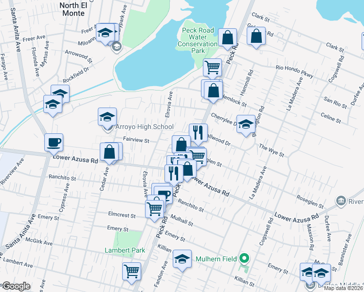 map of restaurants, bars, coffee shops, grocery stores, and more near 11576 Hallwood Drive in El Monte