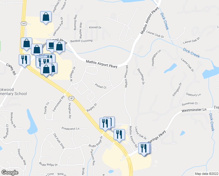 map of restaurants, bars, coffee shops, grocery stores, and more near 325 Pintail Court in Suwanee
