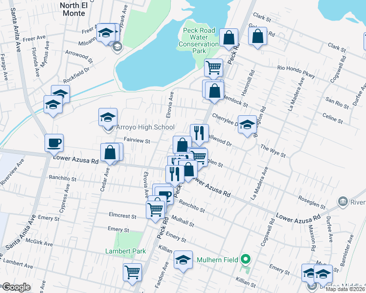 map of restaurants, bars, coffee shops, grocery stores, and more near 4849 Peck Road in El Monte