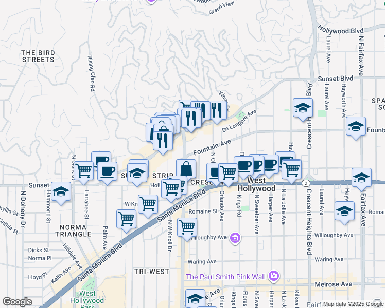 map of restaurants, bars, coffee shops, grocery stores, and more near 1228 North La Cienega Boulevard in West Hollywood