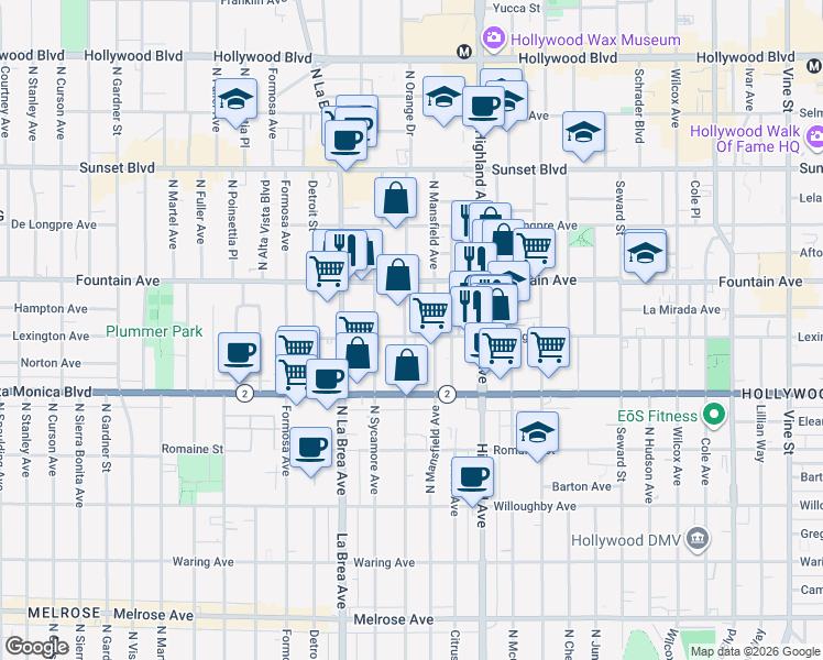 map of restaurants, bars, coffee shops, grocery stores, and more near 1202 North Orange Drive in Los Angeles