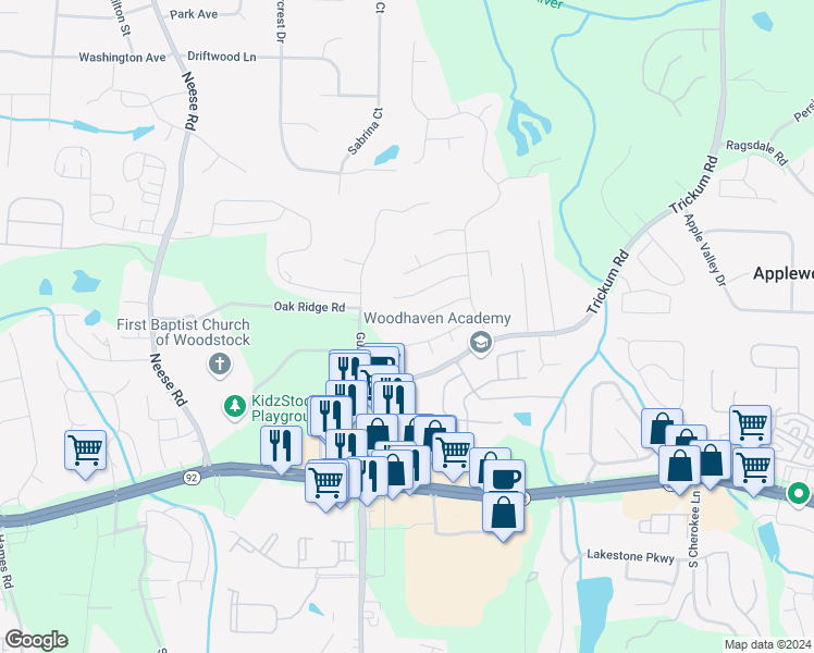 map of restaurants, bars, coffee shops, grocery stores, and more near 431 Citronelle Drive in Woodstock