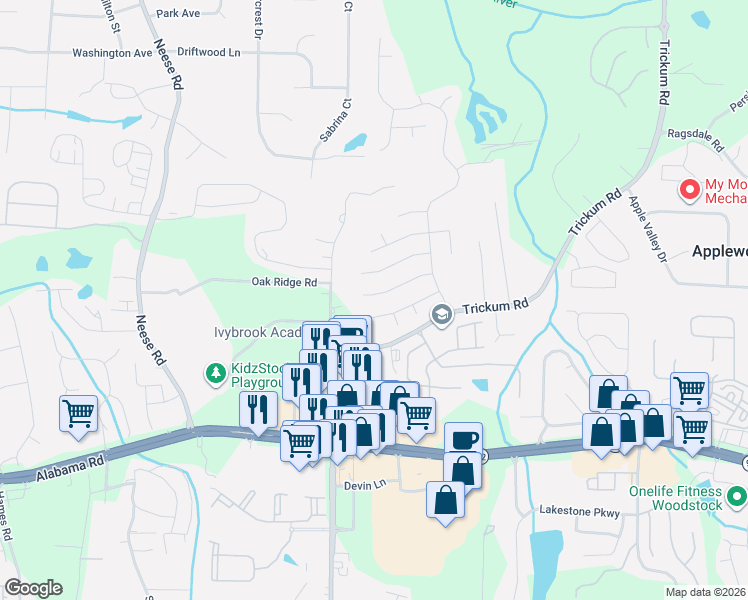 map of restaurants, bars, coffee shops, grocery stores, and more near 533 Drifton Way in Woodstock