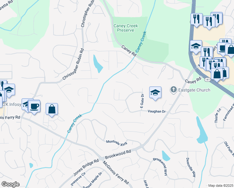 map of restaurants, bars, coffee shops, grocery stores, and more near 3325 Trail Creek Court in Cumming