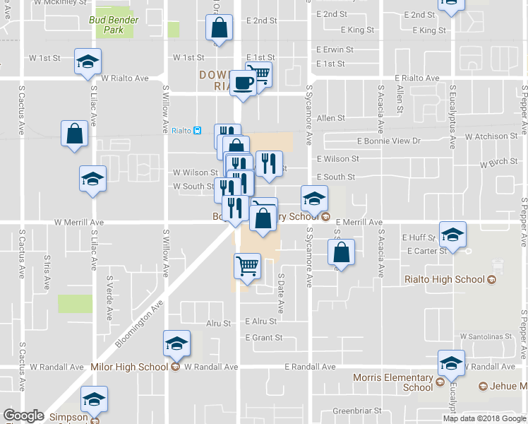 map of restaurants, bars, coffee shops, grocery stores, and more near 150 East Merrill Avenue in Rialto