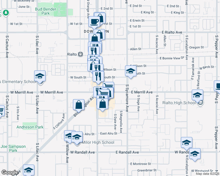 map of restaurants, bars, coffee shops, grocery stores, and more near 162 East Merrill Avenue in Rialto
