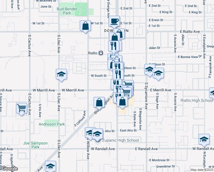 map of restaurants, bars, coffee shops, grocery stores, and more near 200 West Merrill Avenue in Rialto