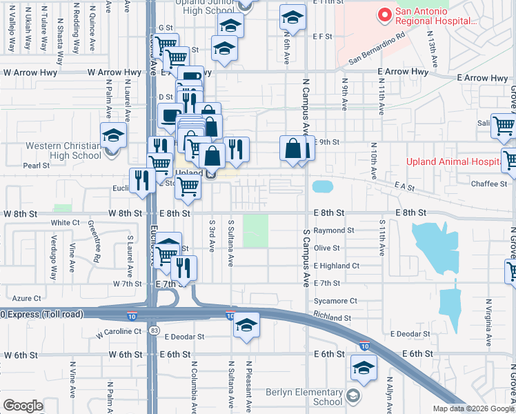 map of restaurants, bars, coffee shops, grocery stores, and more near 148 Royal Way in Upland