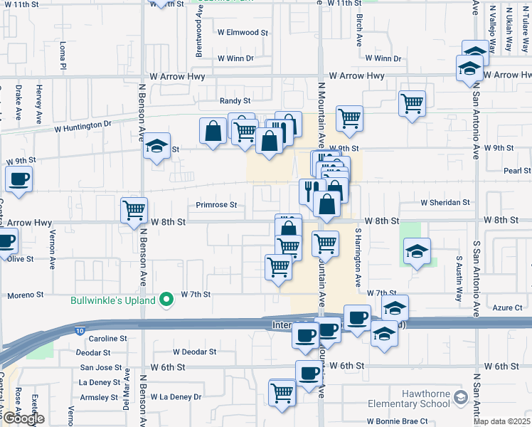 map of restaurants, bars, coffee shops, grocery stores, and more near 138 Stillman Way in Upland
