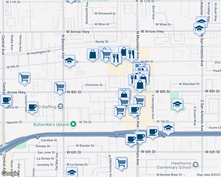 map of restaurants, bars, coffee shops, grocery stores, and more near 138 Stillman Way in Upland