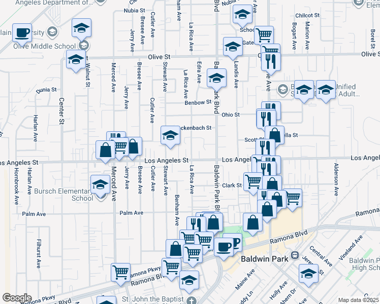 map of restaurants, bars, coffee shops, grocery stores, and more near 4447 La Rica Avenue in Baldwin Park
