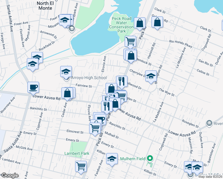 map of restaurants, bars, coffee shops, grocery stores, and more near 11576 Hallwood Drive in El Monte