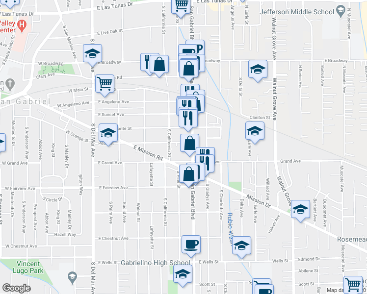 map of restaurants, bars, coffee shops, grocery stores, and more near 717 Pearl Street in San Gabriel