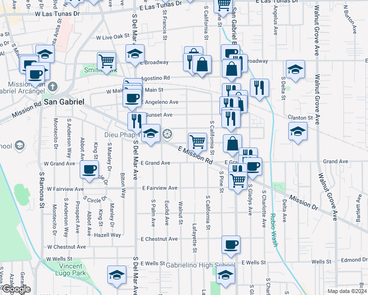 map of restaurants, bars, coffee shops, grocery stores, and more near 501 Pearl Street in San Gabriel
