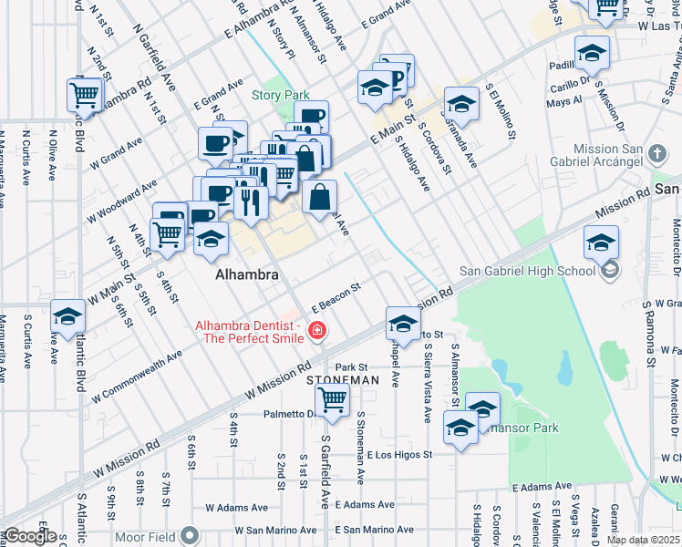 map of restaurants, bars, coffee shops, grocery stores, and more near 217 East Commonwealth Avenue in Alhambra