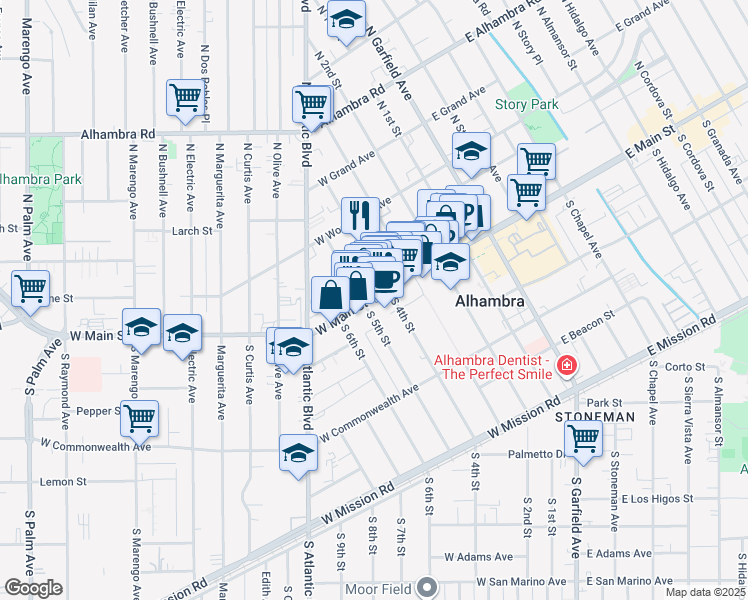 map of restaurants, bars, coffee shops, grocery stores, and more near 22 North 5th Street in Alhambra