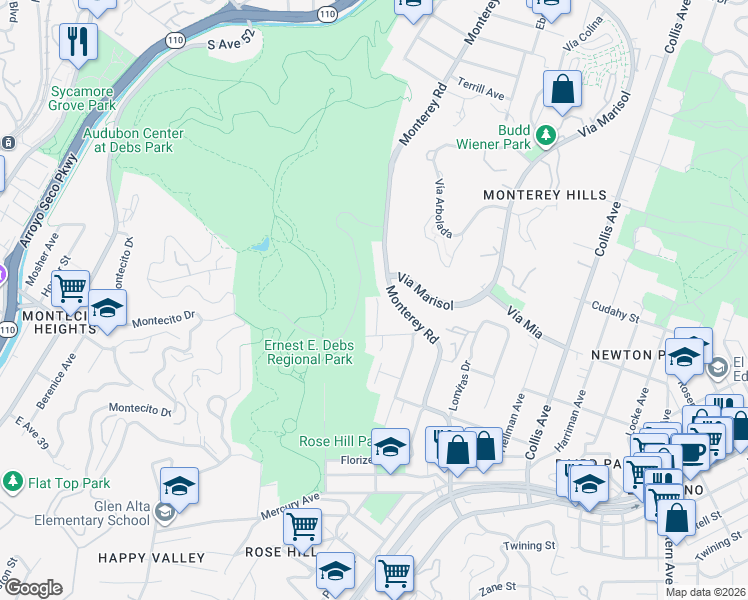 map of restaurants, bars, coffee shops, grocery stores, and more near 4007 Monterey Road in Los Angeles