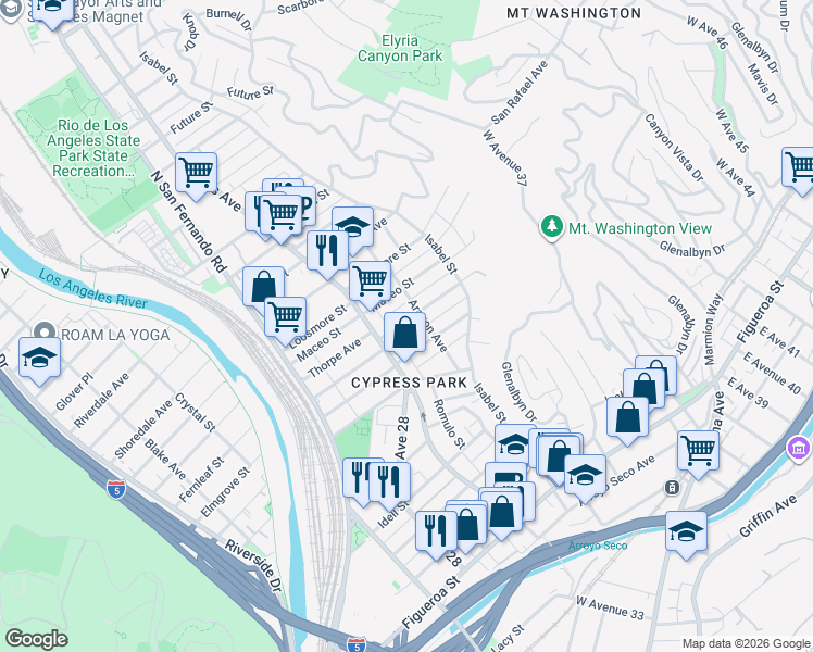 map of restaurants, bars, coffee shops, grocery stores, and more near 3330 Maceo Street in Los Angeles