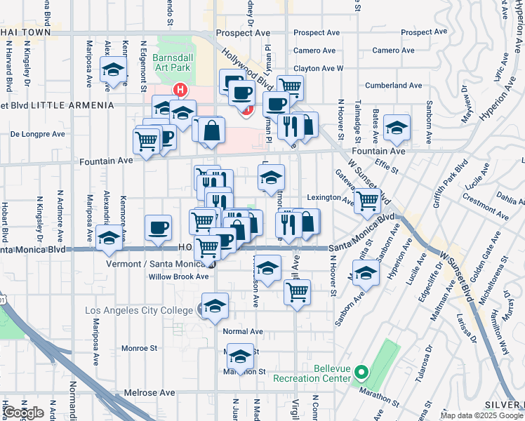 map of restaurants, bars, coffee shops, grocery stores, and more near 4558 Lexington Avenue in Los Angeles