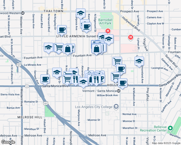 map of restaurants, bars, coffee shops, grocery stores, and more near 1201 North Kenmore Avenue in Los Angeles