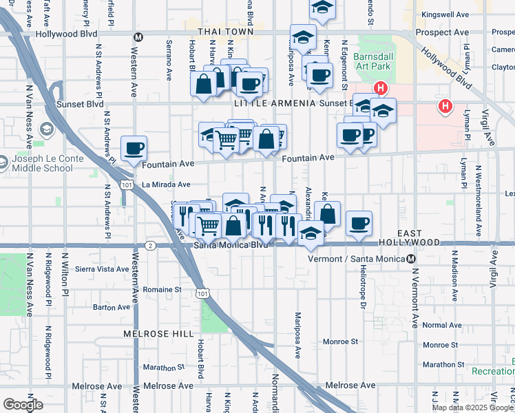 map of restaurants, bars, coffee shops, grocery stores, and more near 1202 North Kingsley Drive in Los Angeles
