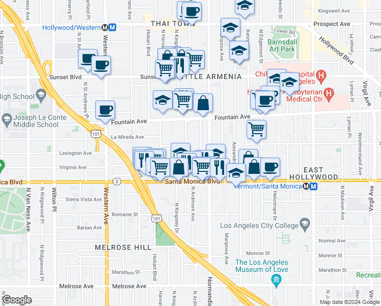 map of restaurants, bars, coffee shops, grocery stores, and more near 1202 North Kingsley Drive in Los Angeles