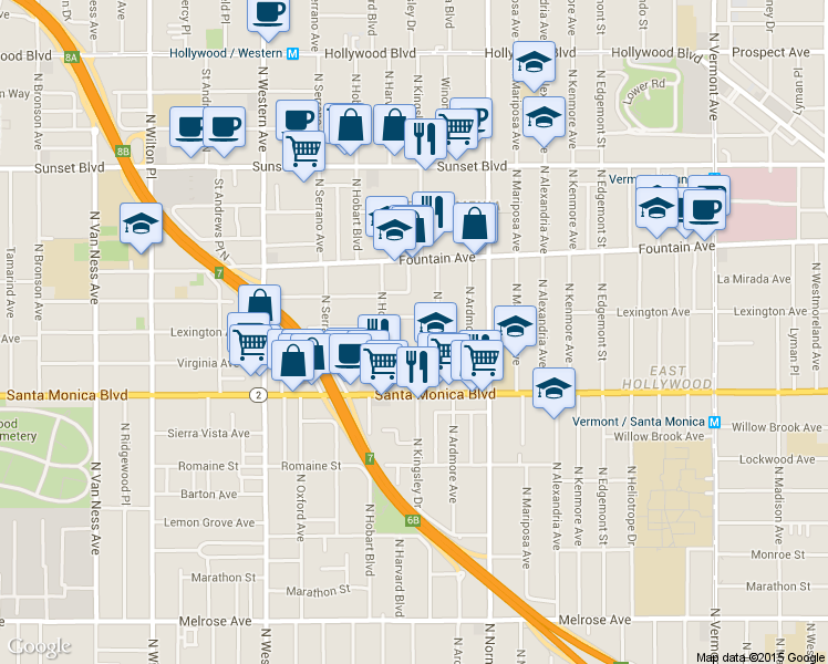 map of restaurants, bars, coffee shops, grocery stores, and more near 5225 Lexington Avenue in Los Angeles